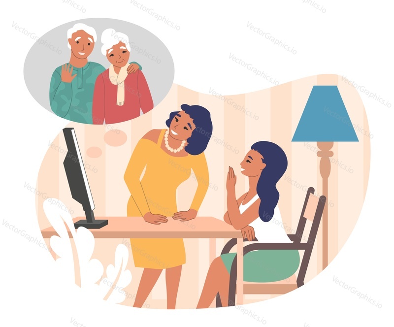 Grandparents chatting online with their adult daughter and granddaughter, flat vector illustration. Video call chat. Family online communication, virtual meeting, video calling technology.