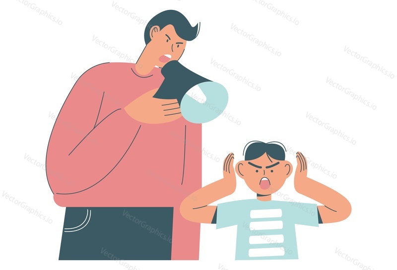 Angry father screaming through megaphone scolding his scared son, flat vector illustration. Father and son conflict, parent and child relationship.