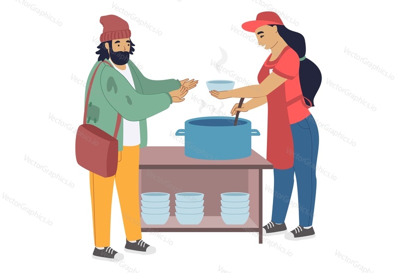Female volunteer feeding homeless person, providing food assistance, flat vector illustration. Care for homeless, volunteering and charity.