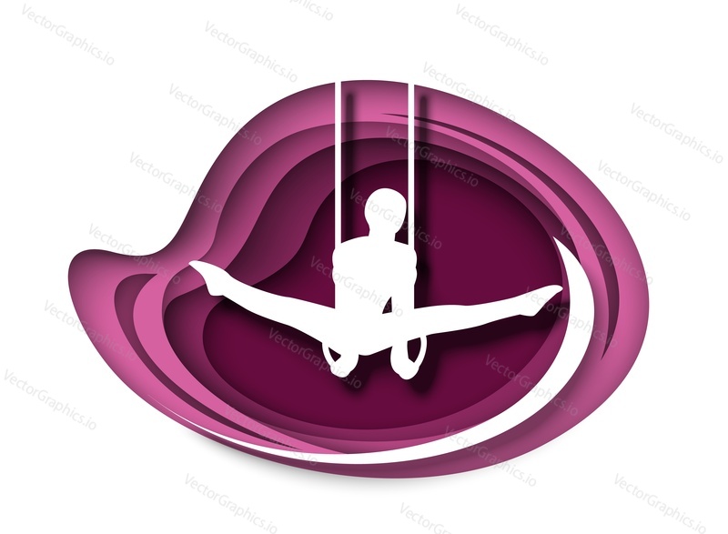 Artistics gymnastics. Male gymnast doing acrobatic exercises on rings, vector illustration in paper art style. Athlete, sportsman white silhouette. Artistics gymnastics competition.