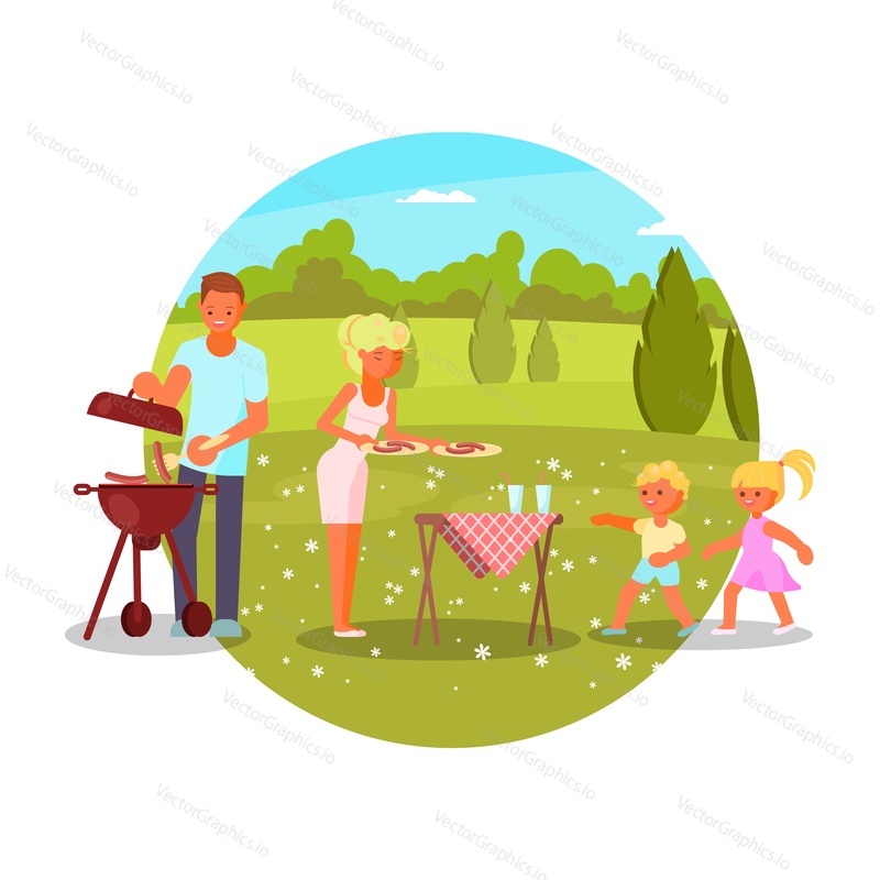 Family bbq, flat vector illustration. Happy mom, dad with two kids cooking, eating grilled sausages and having fun in nature. Outdoor family barbecue party, picnic, summer leisure activity