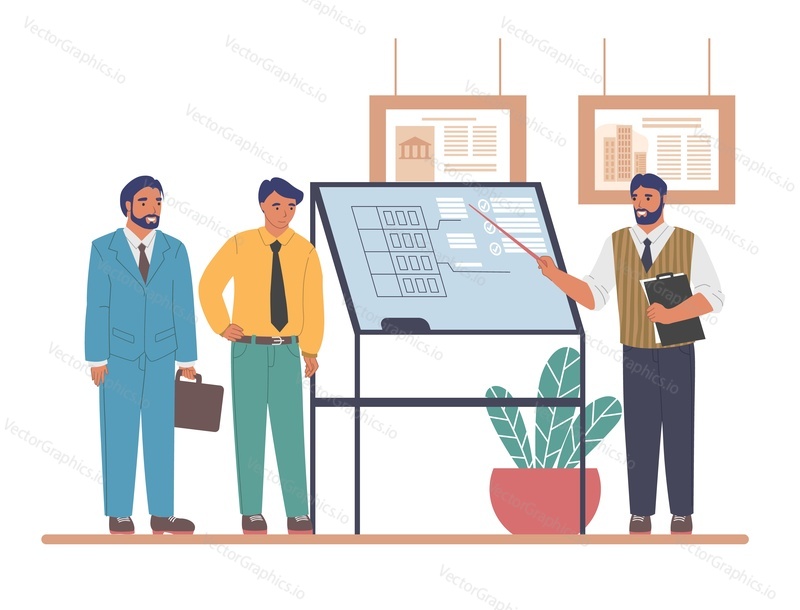 Construction engineer, architect giving presentation of architectural project of house building, flat vector illustration. Building industry. Construction team meeting.