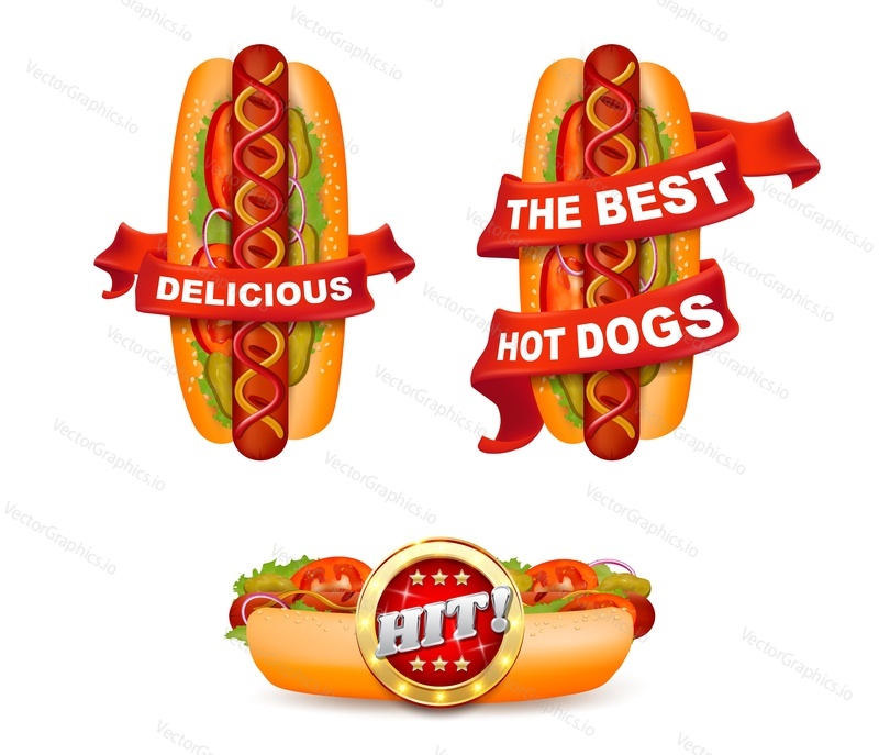 Delicious hot dog with ribbon and text, vector isolated illustration. Realistic hot dog bun with sausage, lettuce salad, tomato, cucumber, onion, ketchup and mustard. Fast food promo banners.
