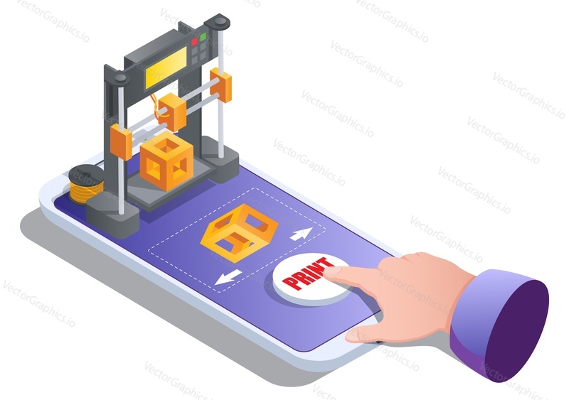Isometric 3d printer building cube on mobile phone screen, human hand making order online, vector illustration. 3D printing service for on demand additive manufacturing.