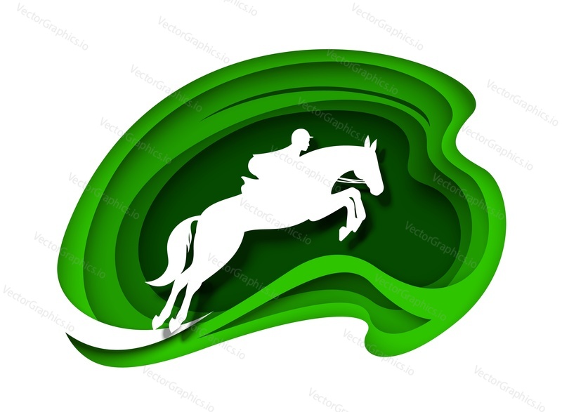 Equestrian sport. Race horse with rider, jockey white silhouettes, vector illustration in paper art style. Equine sports. Horse racing.