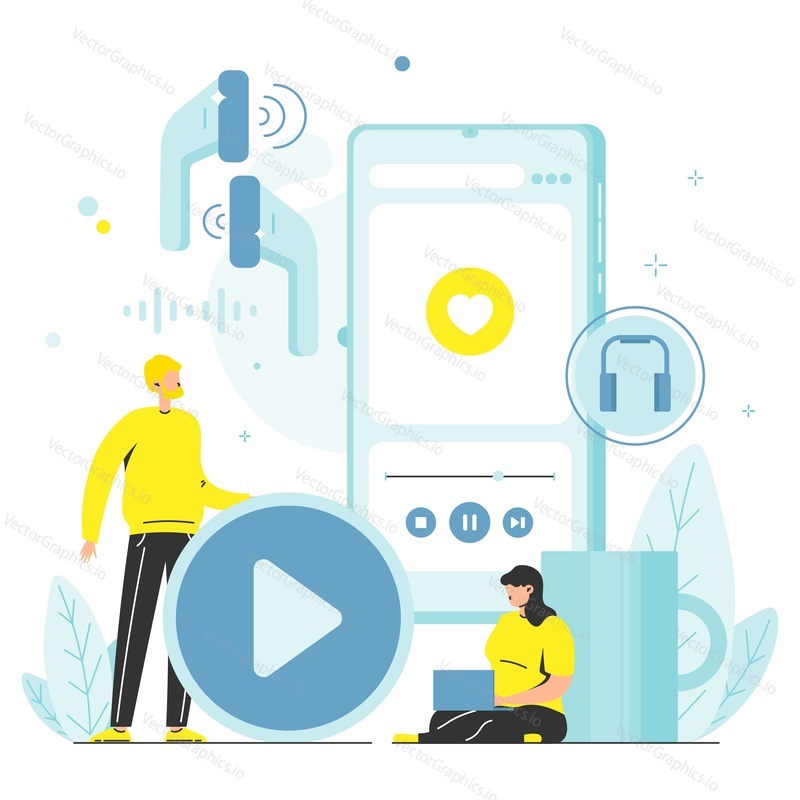 People listening to music, radio program or podcasts online, flat vector illustration. Podcasting.