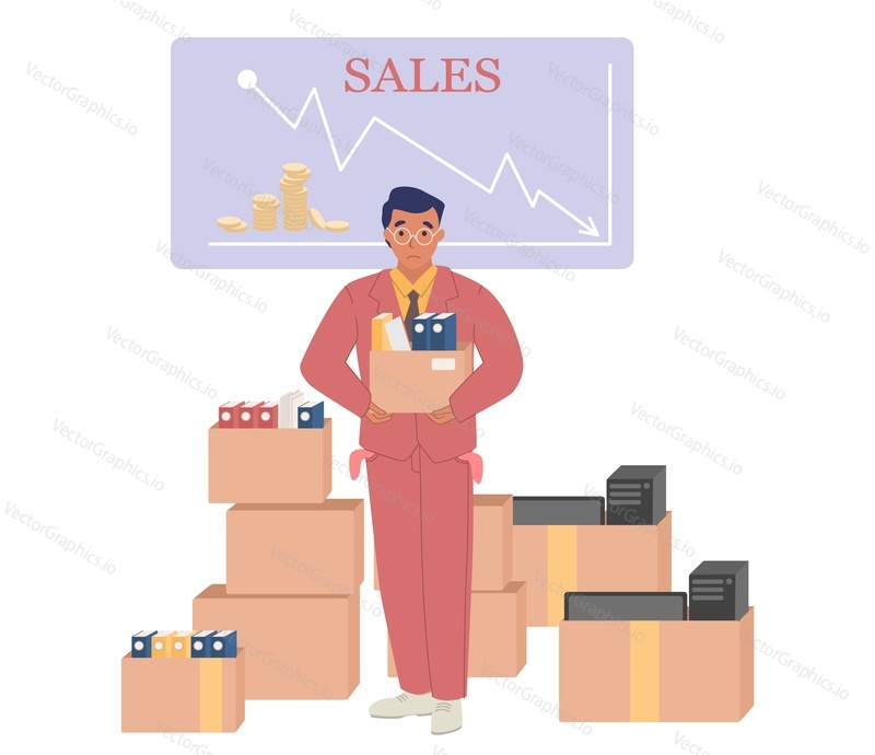 Fired office worker holding box with his things, flat vector illustration. Layoff, dismissal, unemployment, business failure.
