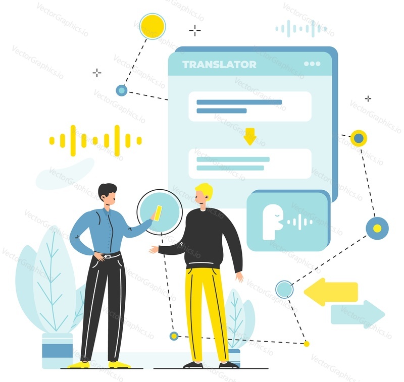 People speaking different languages talking to each other using real time voice translator on smartphone, flat vector illustration. Live or real time speech translation.