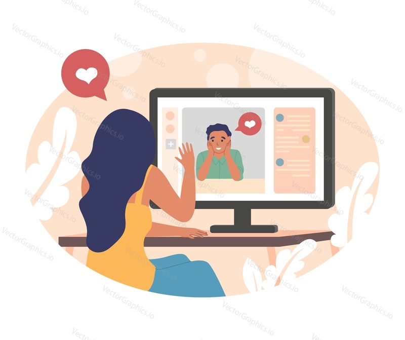 Happy couple meeting online, flat vector illustration. Video call chat, internet communication, live audio and visual connection, video calling technology.