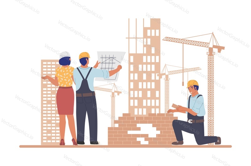 Builder worker laying bricks working at construction site, architects looking at architectural project of modern city building, flat vector illustration. Construction team. Building industry.