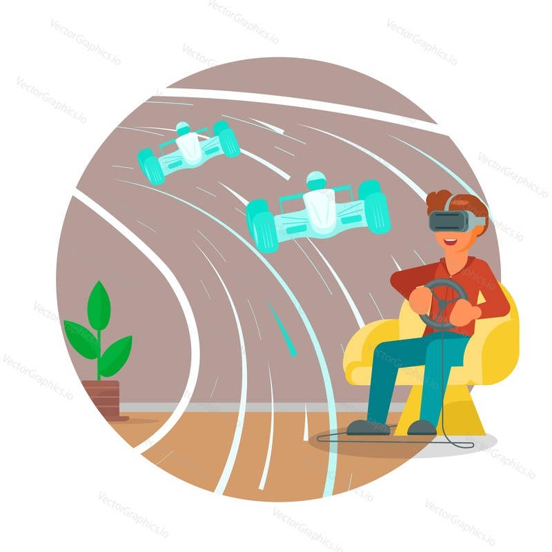 Young man in VR headset, gamer driving race car, flat vector illustration. VR games, simulation. Virtual reality technology and entertainment.