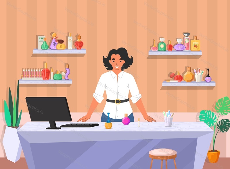 Perfume store. Female shop assistant standing at counter, flat vector illustration. Perfumery, department store interior with shelves full of perfume bottles.