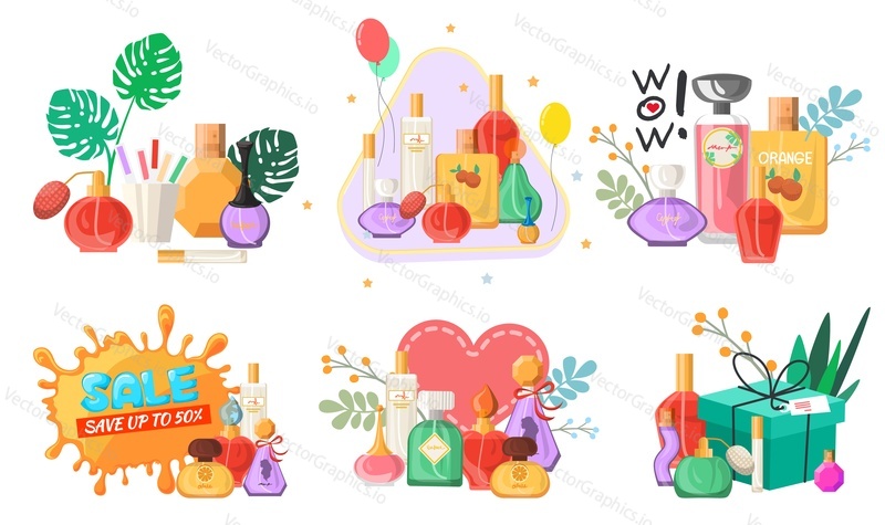 Perfume set, flat vector isolated illustration. Different perfume bottles with heart, gift box, balloon, text. Seasonal and holiday sale and discounts promo banners for perfume store.