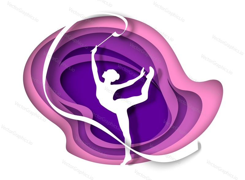Beautiful girl, rhythmic gymnast white silhouette dancing with ribbon, vector illustration in paper art style. Rhythmic gymnastics competition.
