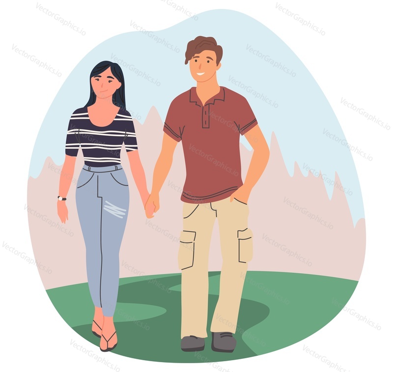 Happy couple walking in forest or park holding hands, flat vector illustration. Travelers hiking, camping, trekking. Forest camp, summer outdoor activity, recreation, vacation.
