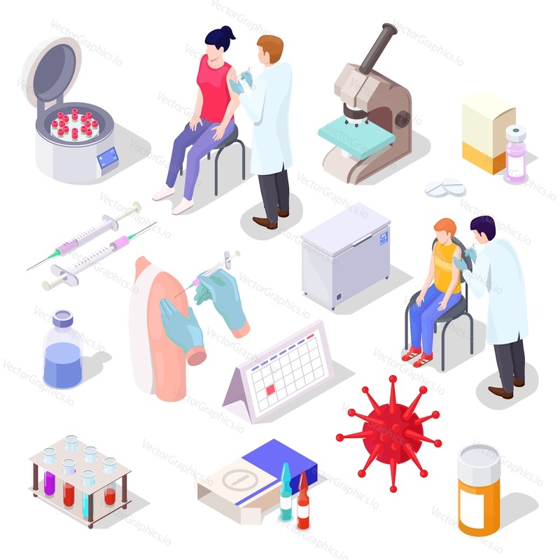 Vaccine reserch isometric icons set. Covid vaccination icons representing stages of vaccine development with laboratory equipment and vaccination proccess, vector illustration.