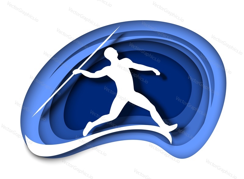 Javelin throw. Athlete throwing spear white silhouette, vector illustration in paper art style. Track and field event. Athletics competition.