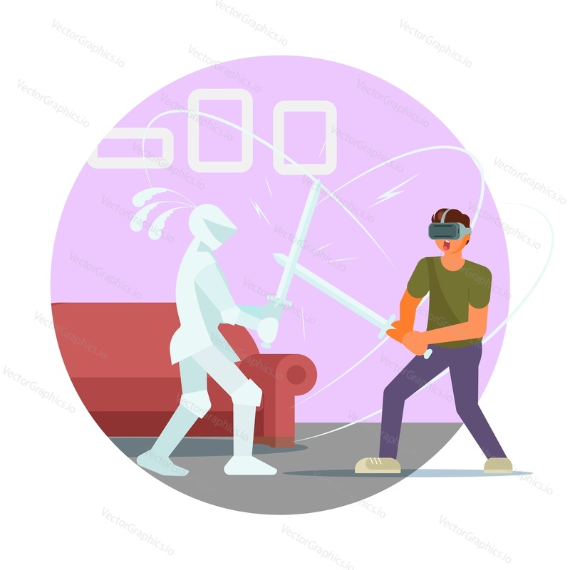 Бой на мечах в виртуальной реальности. Молодой человек в виртуальной гарнитуре, геймер сражается с рыцарем, плоская векторная иллюстрация. VR-игры, симуляторы. Технологии виртуальной реальности и развлечения.
