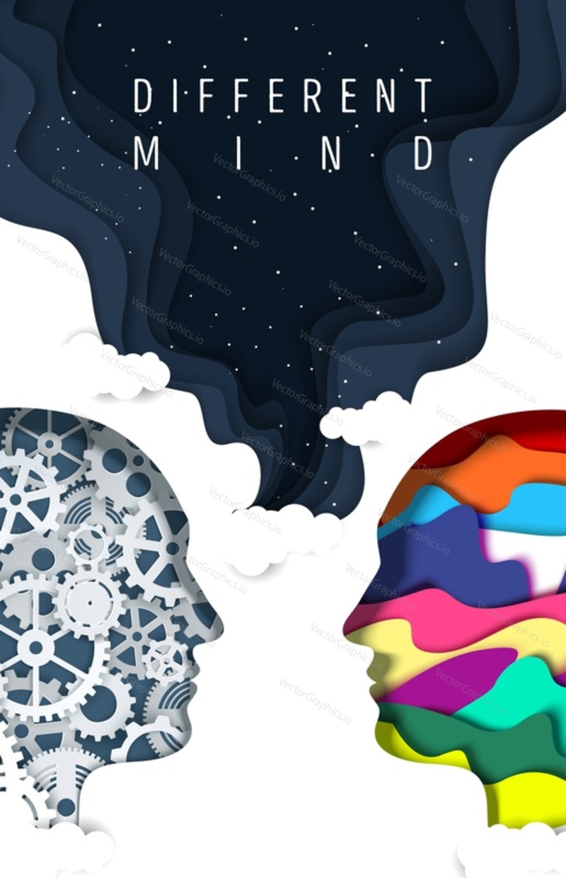 Different types of human mind vector poster template. Layered paper cut craft style man head silhouettes with gears, cogwheels and abstract vibrant shapes. Creative and logical mind.