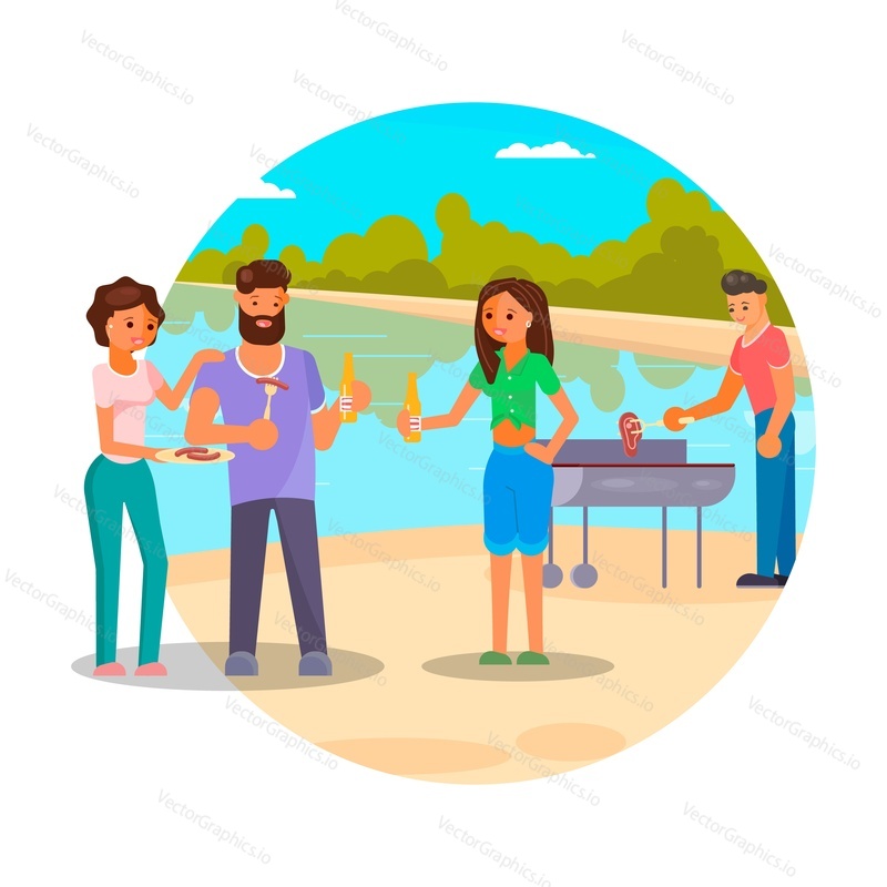 Bbq party with friends, flat vector illustration. People cooking meat, sausages on grill, drinking beer and having fun. Outdoor barbecue picnic, summer leisure activity.