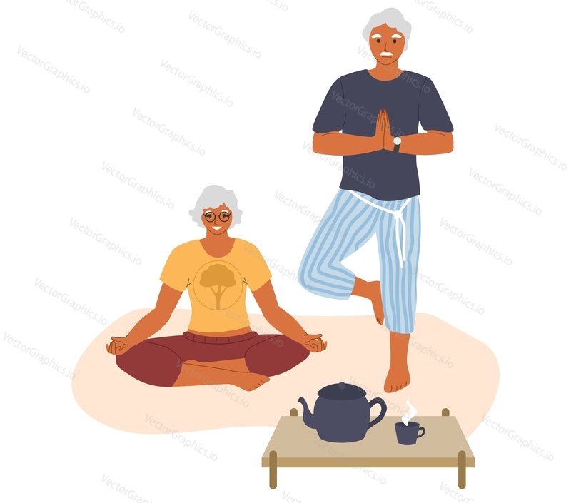 Elderly couple meditating and doing yoga at home, flat vector illustration. Sport, fitness exercises for seniors. Active healthy lifestyle, home leisure activities.