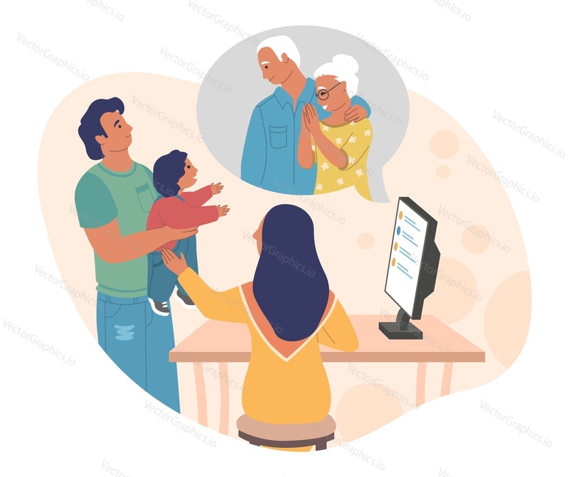 Grandparents chatting online with their adult children and grandson, flat vector illustration. Online chat, instant messaging. Family internet communication.