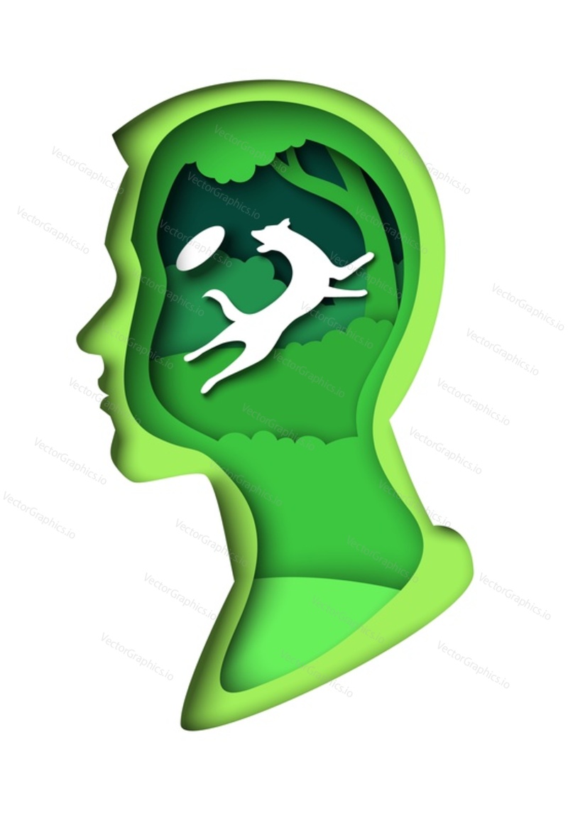 Cute pet dog catching flying disc inside of man head silhouette, vector illustration in paper art style. Pet lover thoughts, imagination, dream.