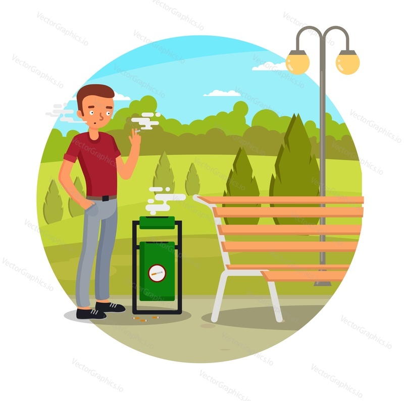 Addicted to nicotine young man smoking cigarette in city park, flat vector illustration. Passive smoker. Nicotine dependence and abuse, tobacco and smoking addiction.