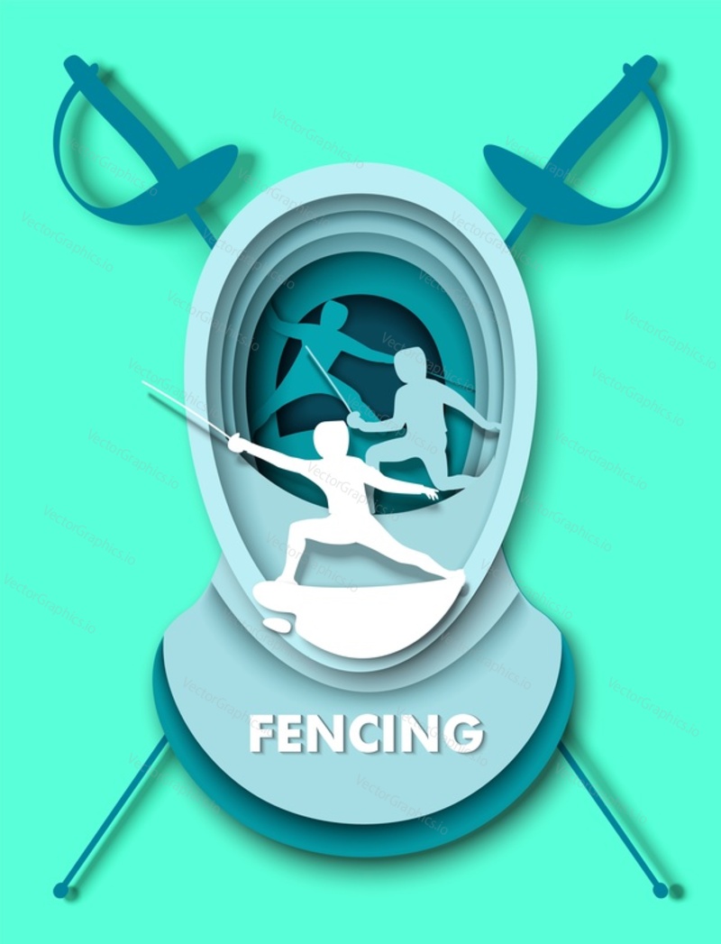 Paper cut craft style fencing swords, mask with fencer athlete silhouettes, vector illustration. Fencing sport duel, tournament, training.