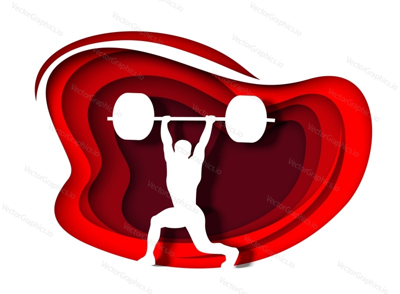 Weightlifting sport. Athlete, sportsman, bodybuilder lifting barbell white silhouette, vector illustration in paper art style. Bodybuilding. Weight lifting, powerlifting competition. Fitness gym.