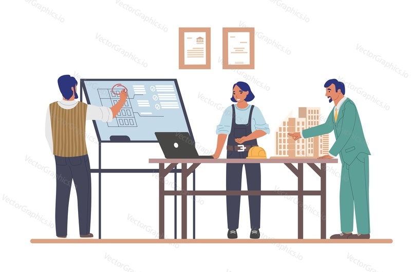 Professional architects, engineers working on architecture project of modern housing complex, flat vector illustration. Building industry, construction development.
