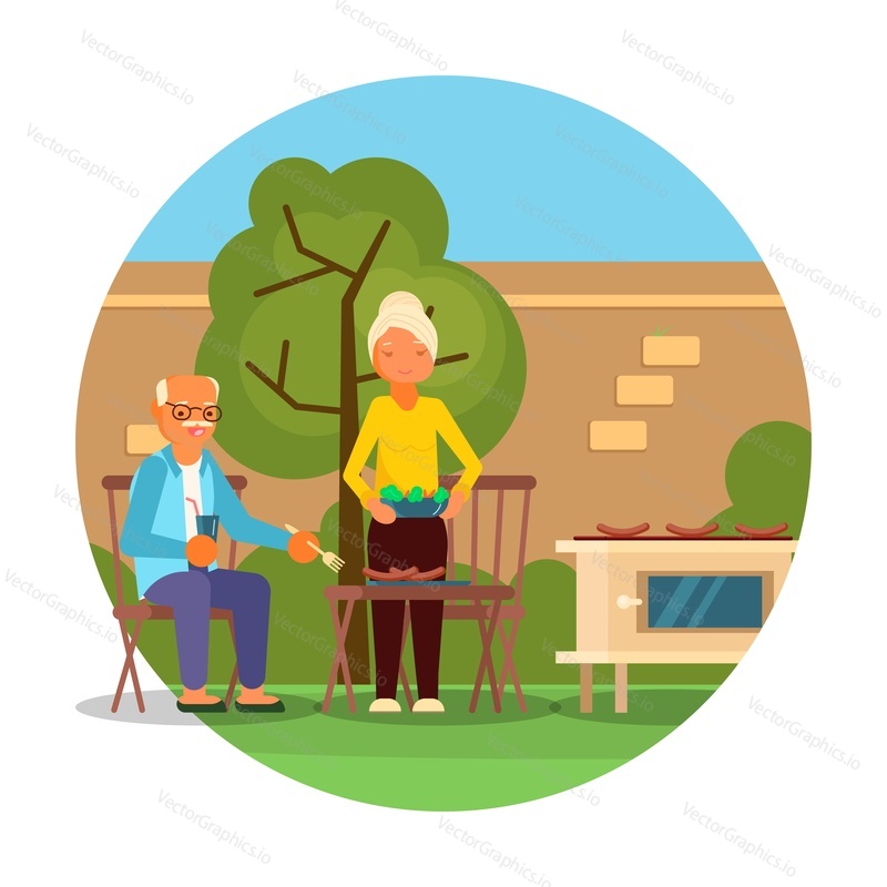 Elderly couple enjoying bbq food in backyard, flat vector illustration. Senior man and woman cooking and eating grilled sausages. Outdoor summer picnic, barbecue party, leisure activity.
