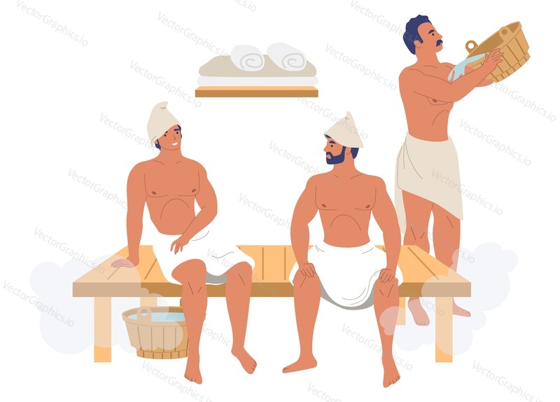 Male characters, friends enjoying steam bath, sauna, flat vector illustration. Spa resort, sauna, steam room, bathhouse therapy. Relax, recreation and healthy lifestyle.