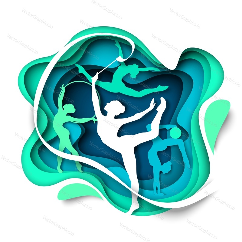 Beautiful girls, rhythmic gymnasts silhouettes dancing with ball, hoop and ribbon, vector illustration in paper art style. Rhythmic gymnastics. Ballet, acrobatics and dance.