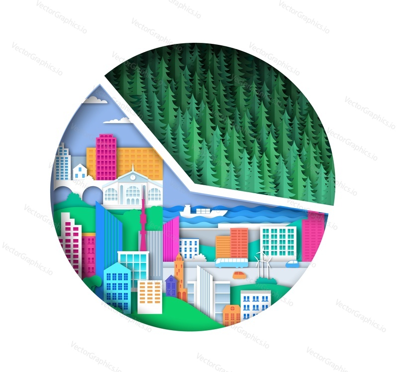 Urbanization pie charts infographic. Vector illustration in paper art style. Circle diagram representing increase in the level of urbanization and decrease in the level of forest areas.