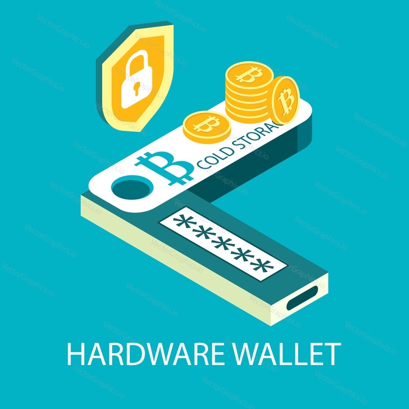 Hardware cryptocurrency wallet, flat vector illustration. Isometric usb device with bitcoins, shield. Digital money storage, offline crypto coin wallet.