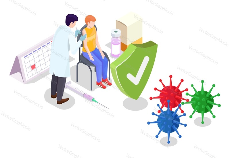Covid coronavirus vaccination concept vector illustration isometric style. Covid-19 vaccine. Doctor makes an injection of flu vaccine to kid in hospital. People immunity and virus protection.
