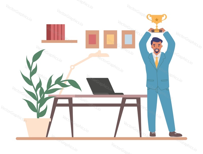Happy businessman winner holding gold trophy cup above his head, flat vector illustration. Successful employee, the best office worker getting award. Career growth, business achievements, success.
