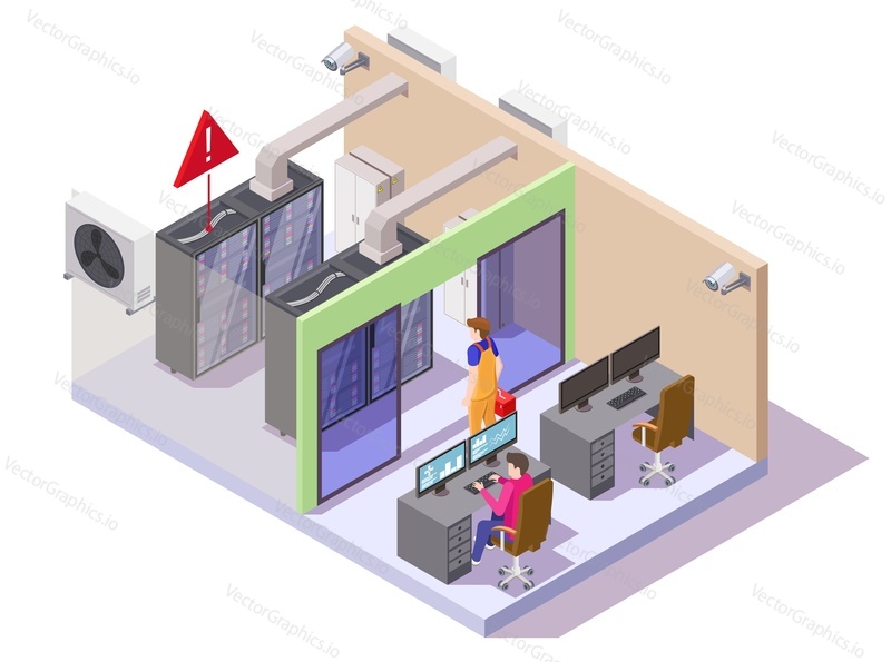 Data center or server room with server racks and computer operator, system administrator characters, flat vector isometric illustration. Datacenter services.