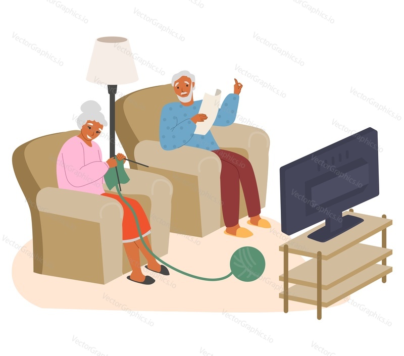 Elderly couple watching tv at home sitting in armchairs, flat vector illustration. Old people doing favorite things knitting, reading. Senior people lifestyle, home leisure activities.