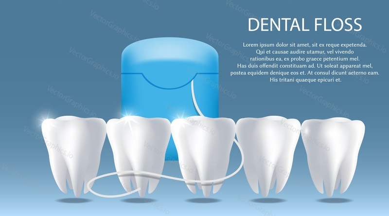 Oral care dental floss poster, banner template. Realistic white shiny teeth and string dental floss in container, vector illustration. Dentistry, teeth and gum health, hygiene.