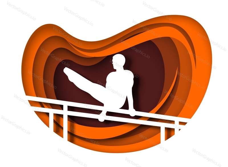 Artistics gymnastics. Male gymnast doing exercises on parallel bars, vector illustration in paper art style. Athlete, sportsman white silhouette. Artistics gymnastics competition.