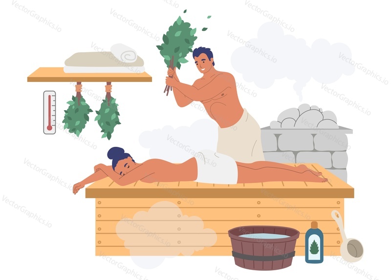 Happy couple enjoying steam bath, sauna, flat vector illustration. Spa resort, sauna, steam room, bathhouse therapy. Relax, recreation and healthy lifestyle.