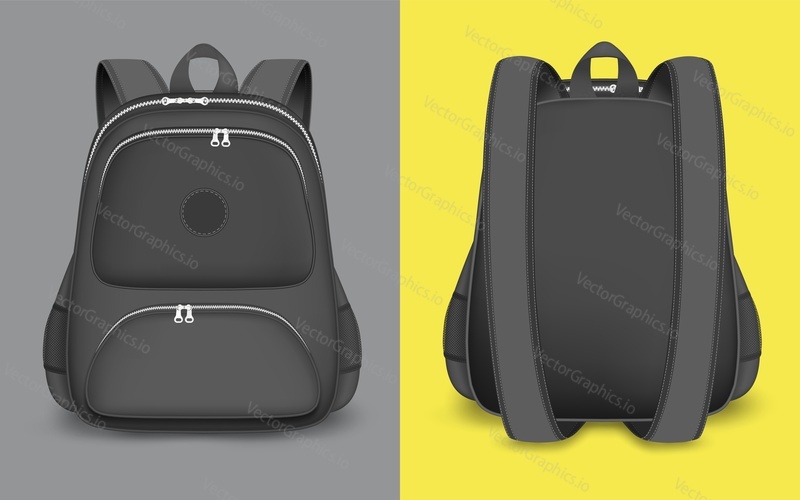 Backpack mockup set, vector isolated illustration. Realistic black school bag, rucksack with zipper, handle, straps.