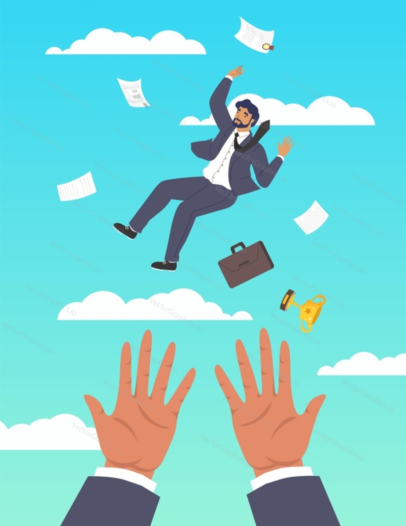 Human hands catching and saving falling businessman, flat vector illustration. Business support and assistance, financial aid, partnership. Helping hands.