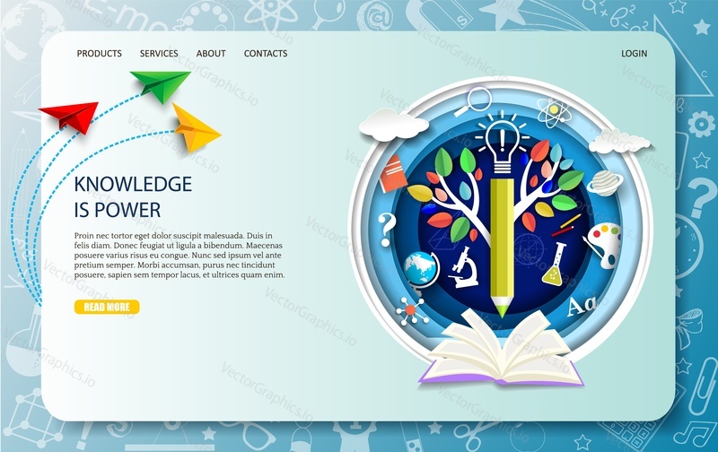 Education landing page design, website banner template. Vector illustration in paper art craft style. Open book, tree of knowledge, pencil, science symbols and school supplies. Online education.