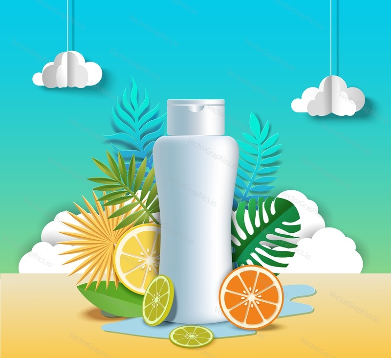 Citrus hair shampoo poster template. White blank cosmetic bottle, paper cut orange, lemon, lime fruit slices, vector illustration. Citrus cosmetic beauty product advertising mock up.
