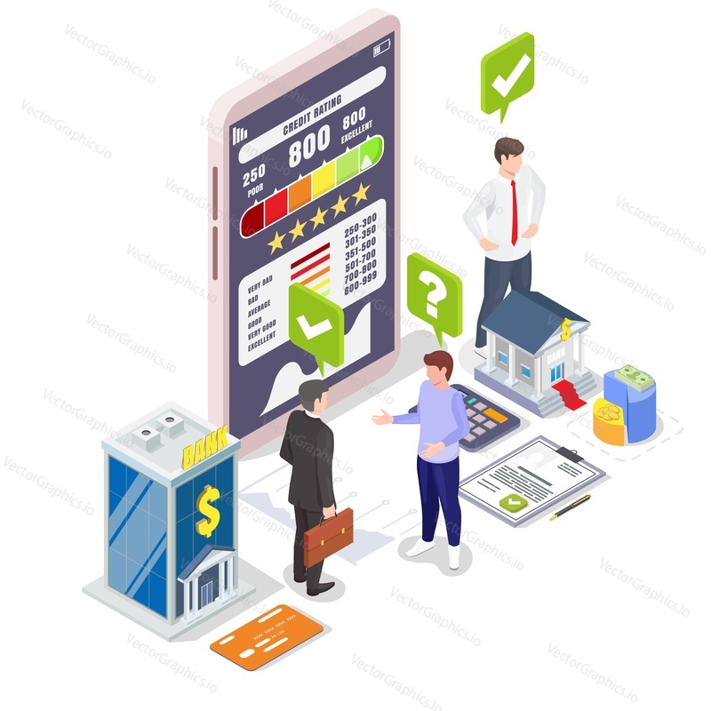 Isometric business people and mobile phone with excellent credit score information on screen, flat vector illustration. High personal credit rating online report, good history.