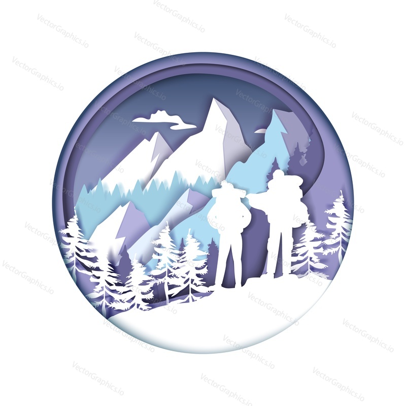 Paper cut winter mountain landscape and hiker climber couple silhouettes, vector illustration. Tourists with backpacks going hiking, trekking. Winter tourism, travel, adventure, mountain trekking.