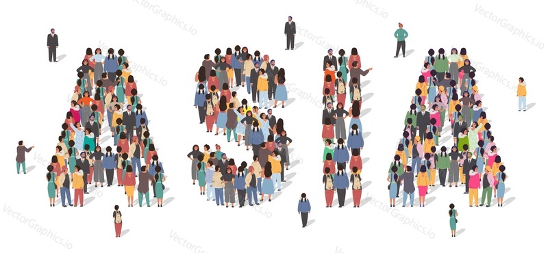 Large group of people standing together forming Asia word, flat vector illustration. People crowd gathering. Asia continent typography banner. Population, business, statistics, culture etc.